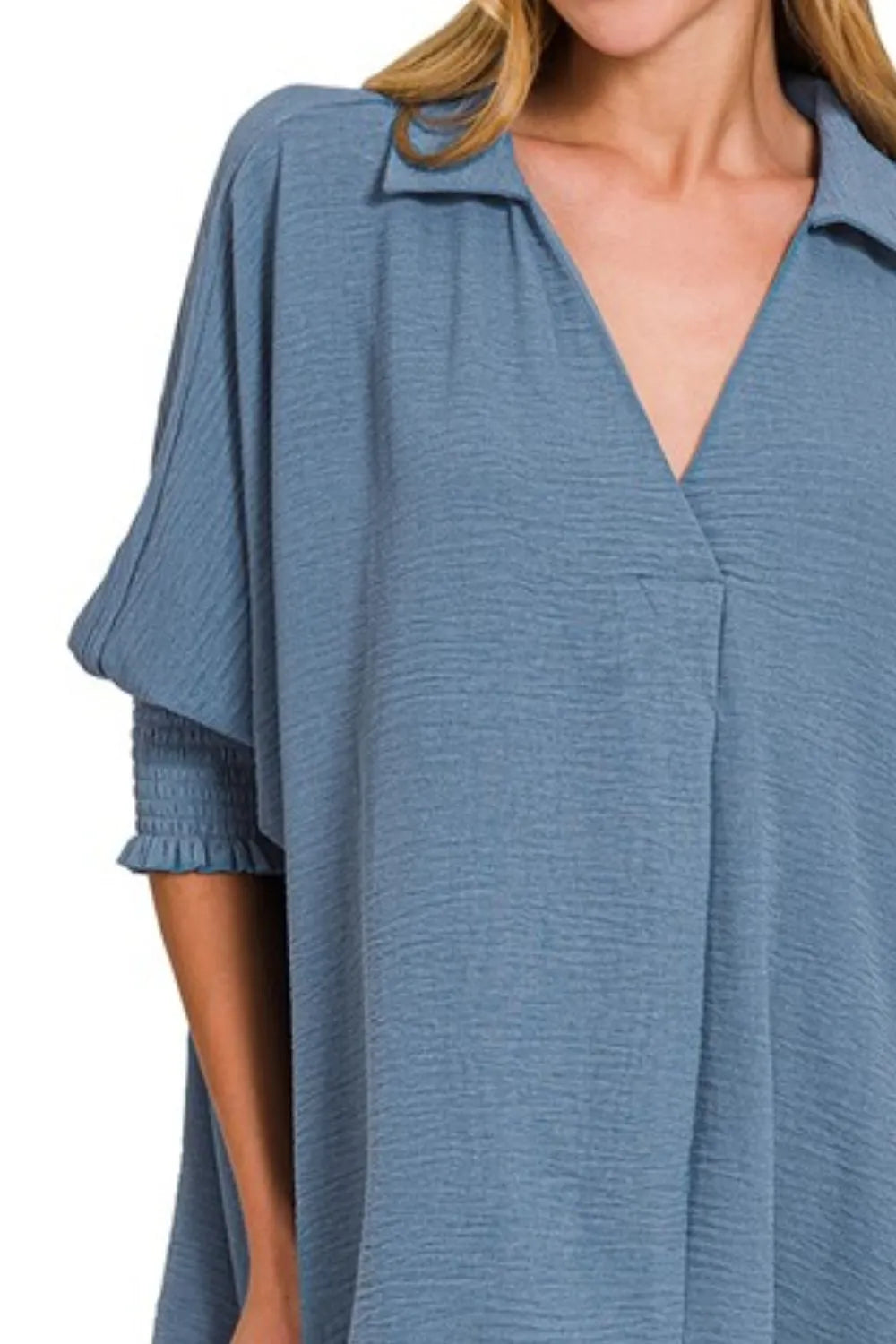 Airflow Collar Tee with Smocked Sleeve Band Top