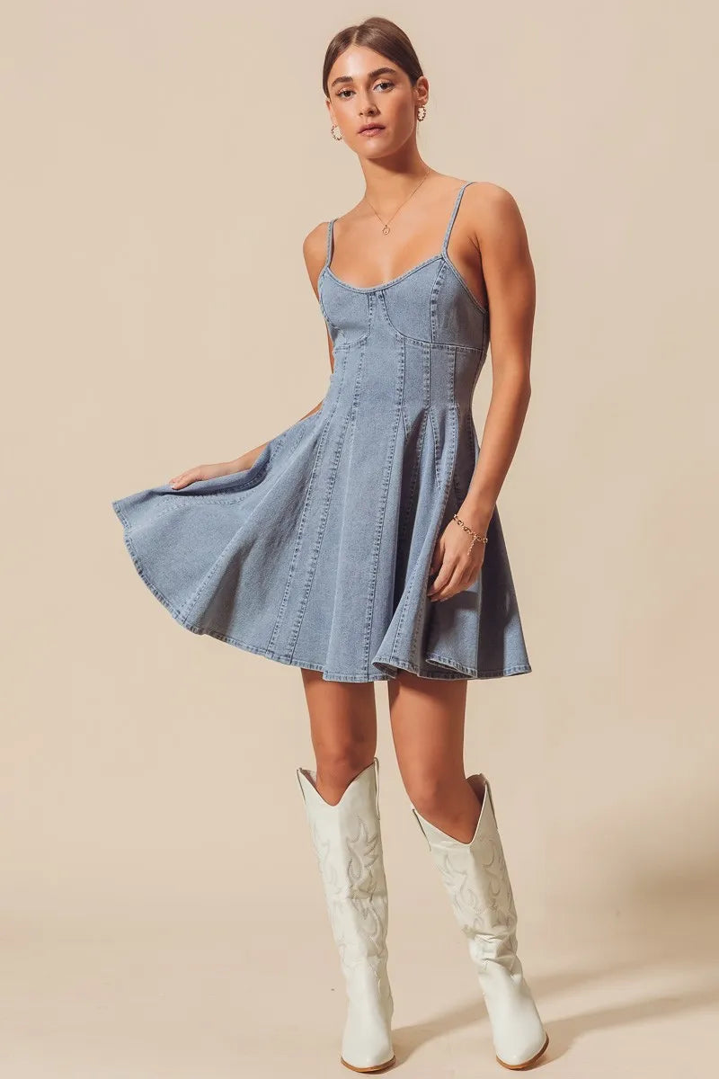 A Line Fit and Flare Denim Mini Dress