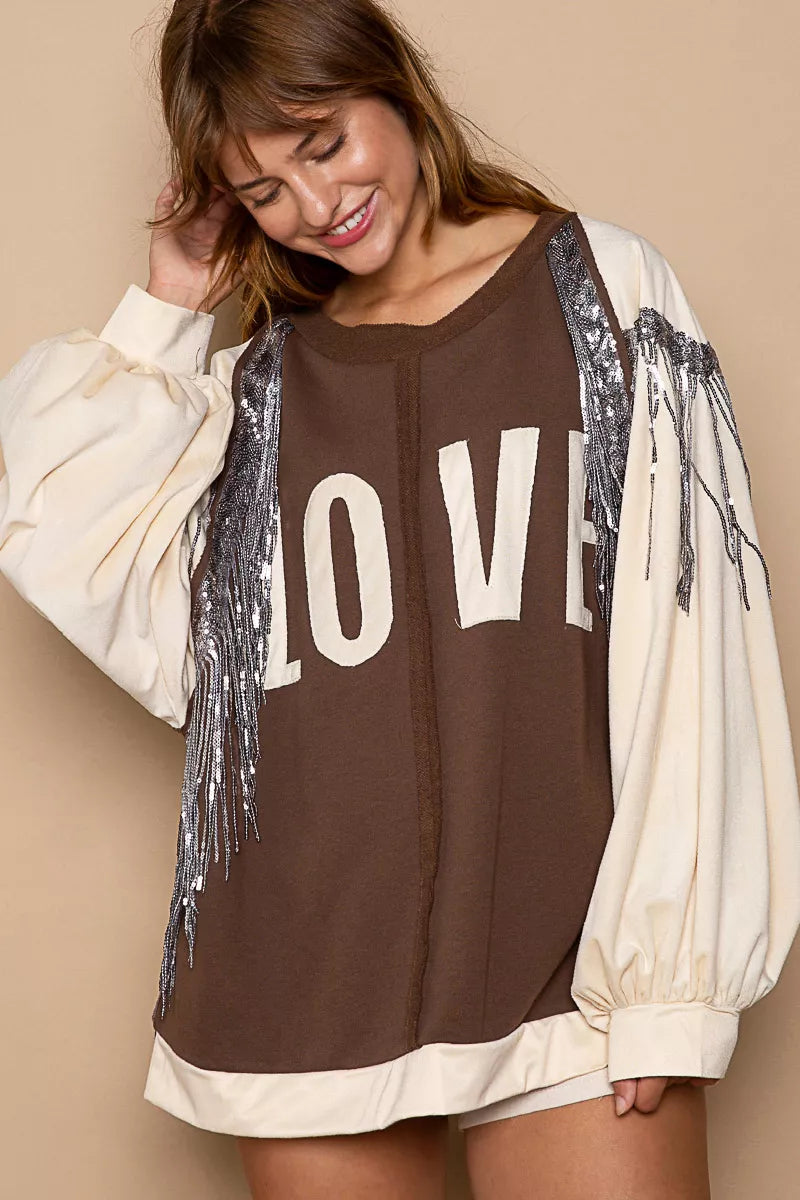 Balloon Sleeve French Terry Sweatshirt with Sequin Tassel