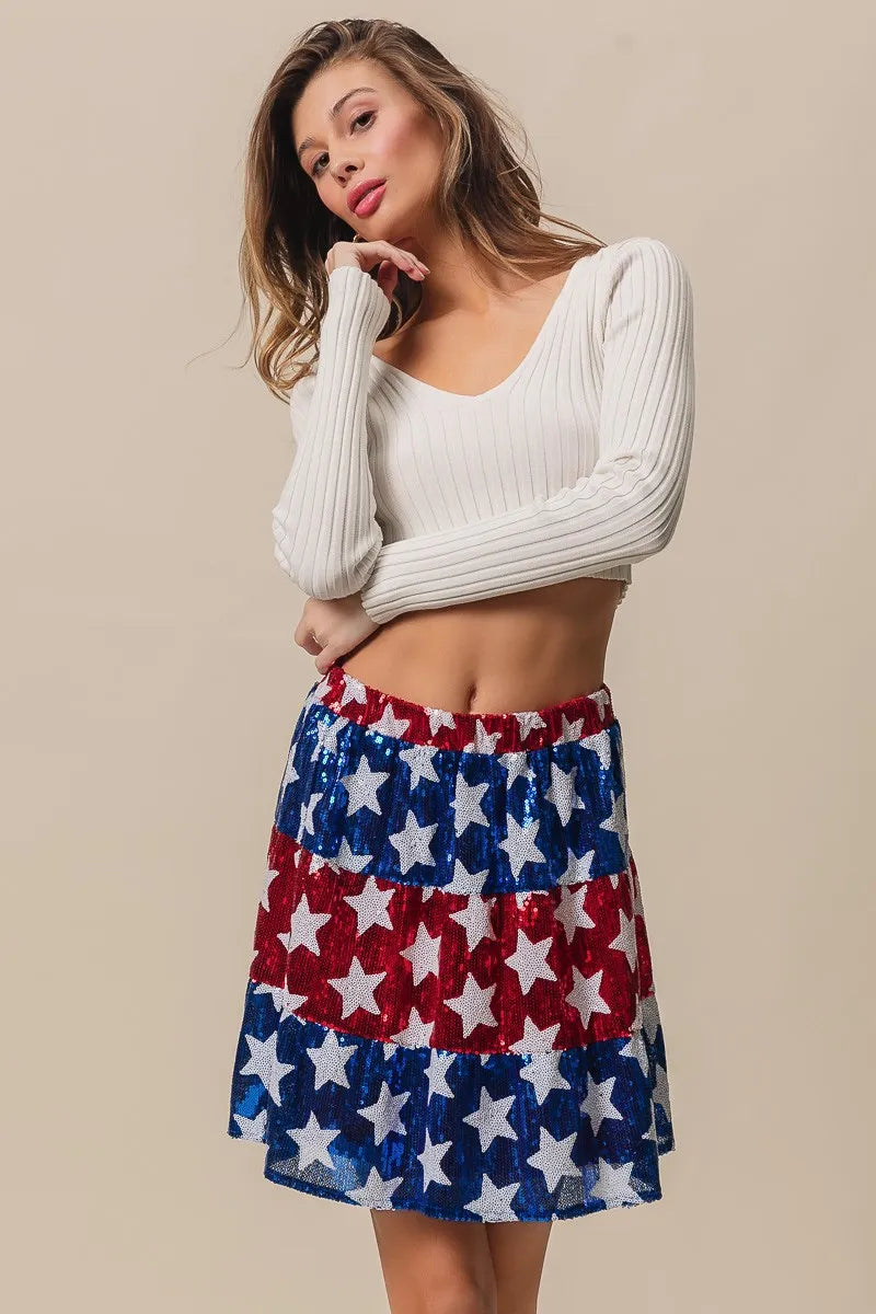 American Flag Theme Star Sequin Tiered Skirt