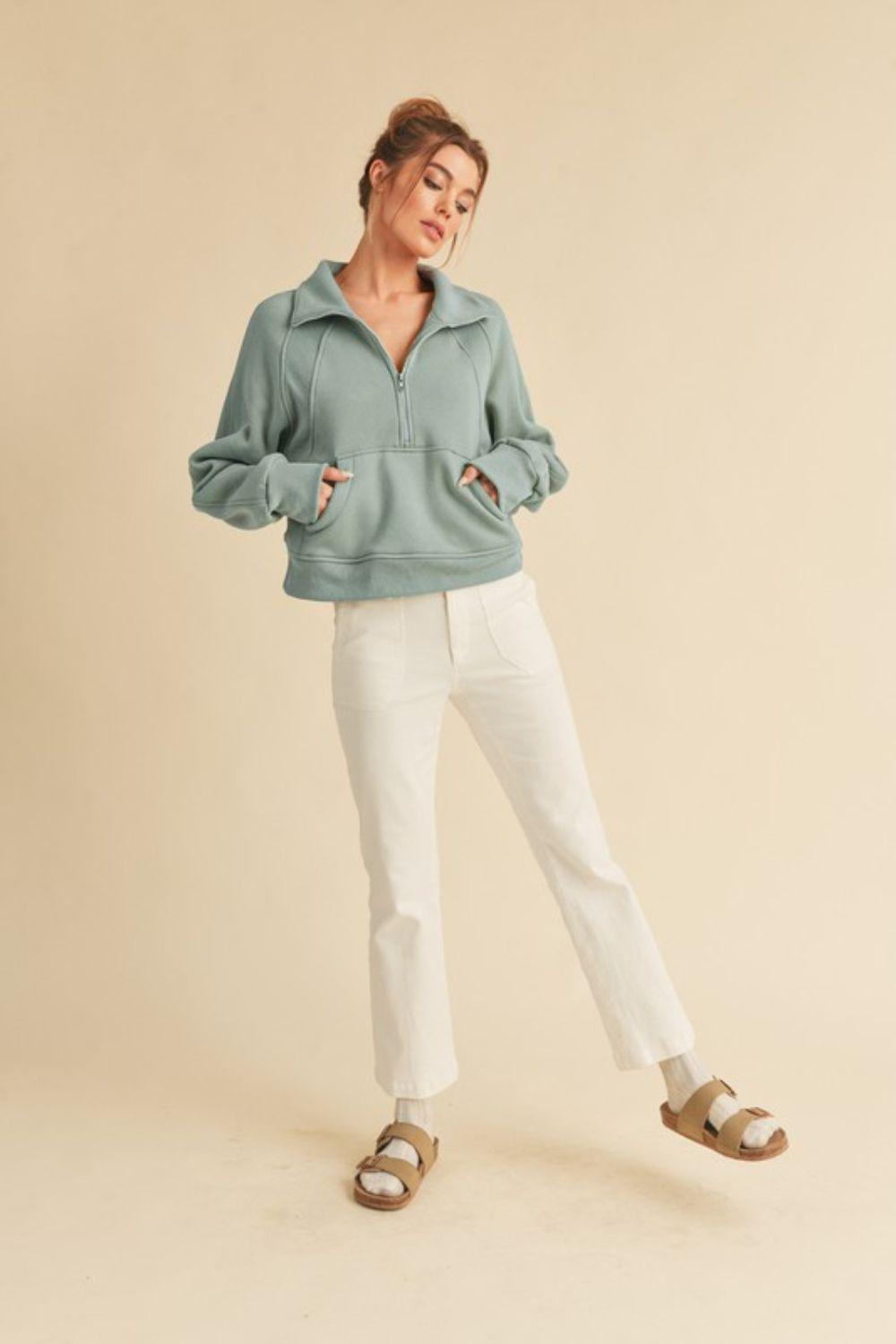Aemi + Co Half Zip Raglan Sleeve Sweatshirt with Kangaroo Pocket
