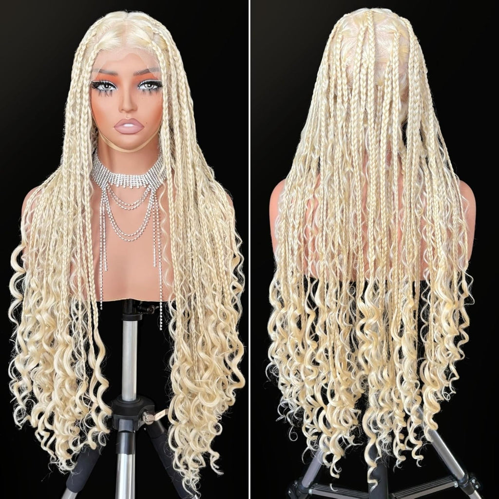 613 Blonde Boho Box Braids Wig | Curly Ends | Full Lace Front | Knotless Goddess Locs | Synthetic Braids
