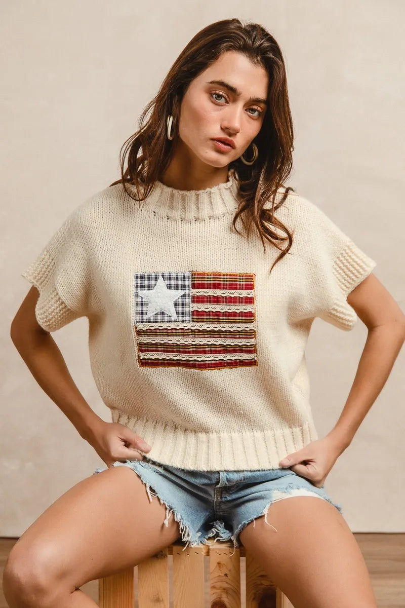 American Flag Patchwork Drop Shoulder Sweater