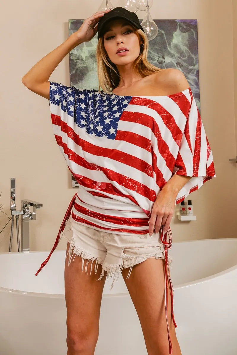 American Flag Printed Side Ruched Details Knit Top