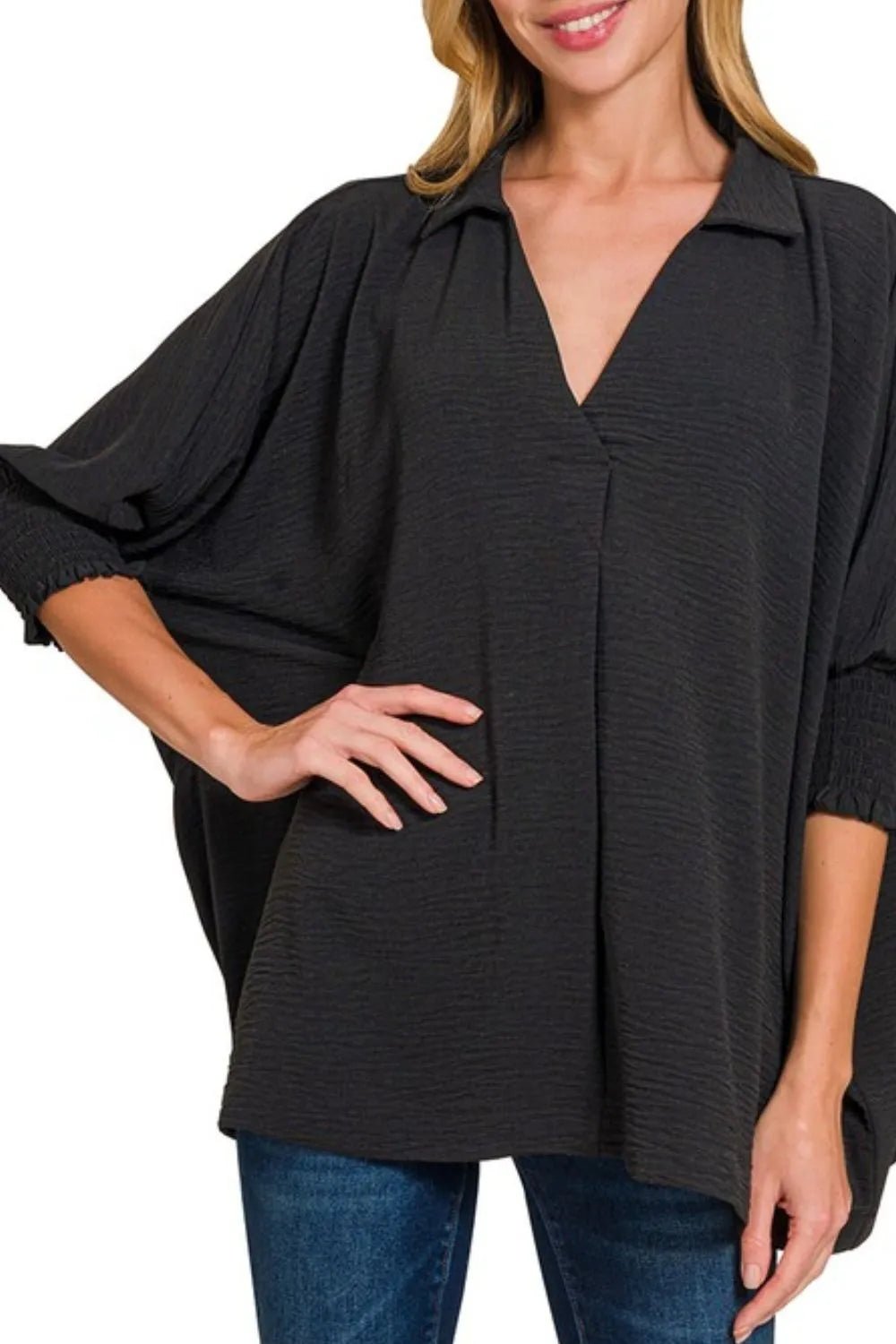 Airflow Collar Tee with Smocked Sleeve Band Top