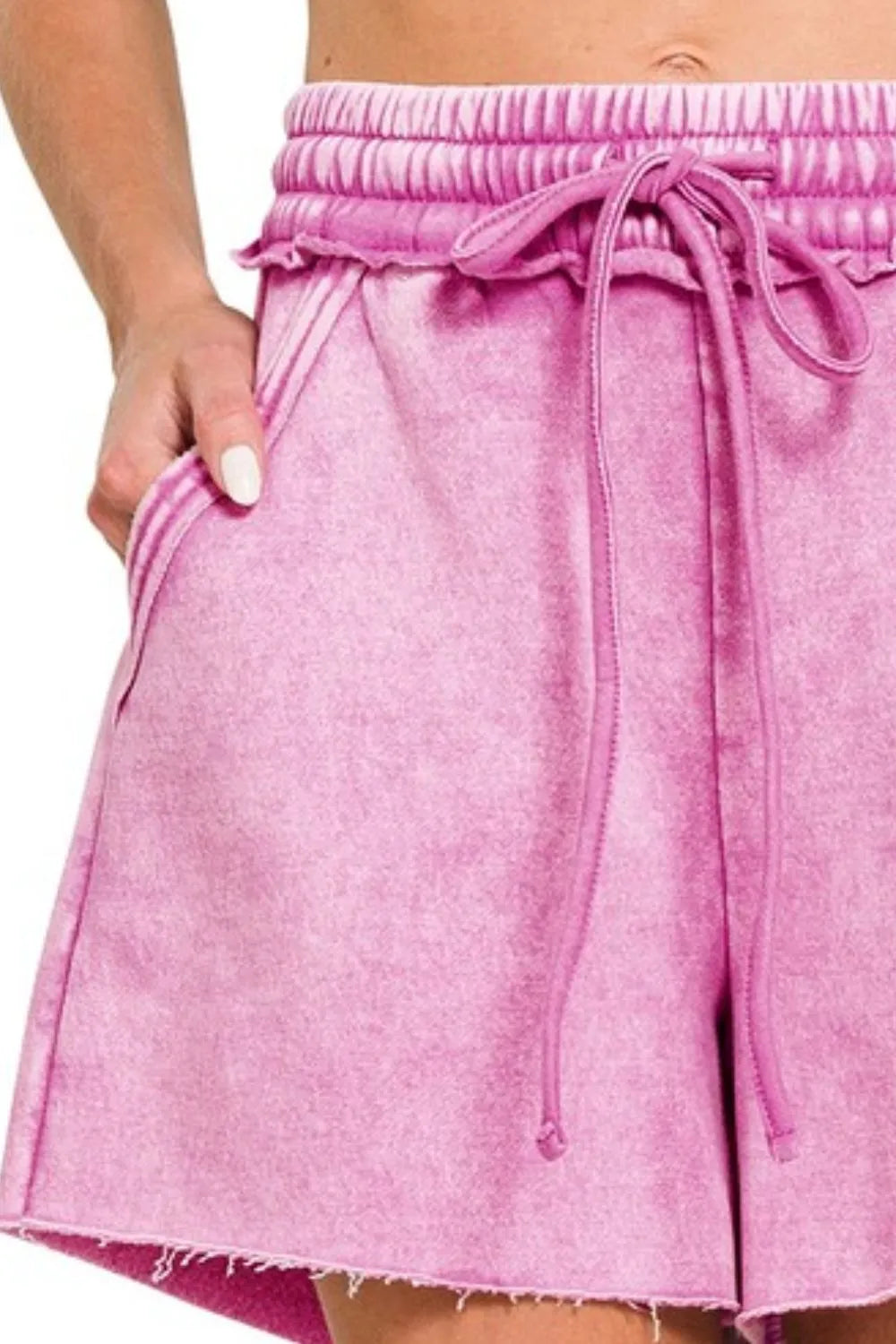 Acid Wash Fleece Drawstring Shorts With Pockets