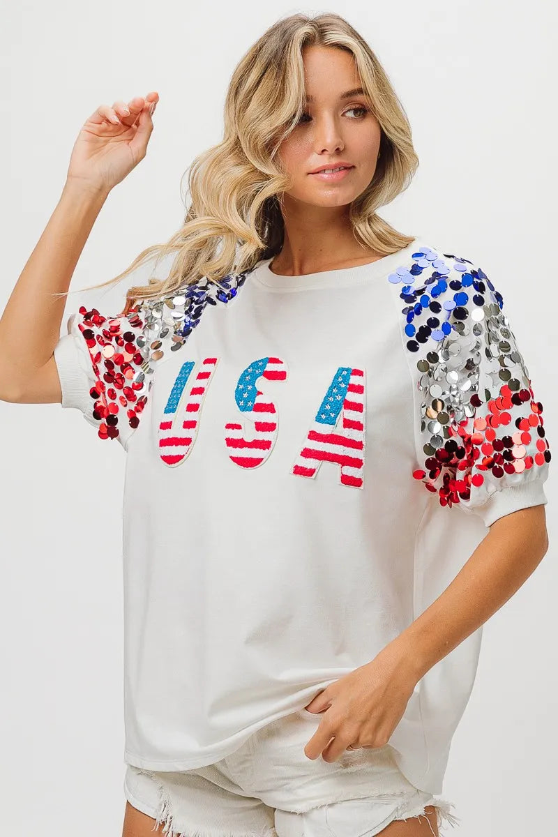 American Flag Theme Sequin Top