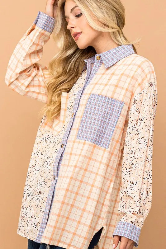 And The Why Floral and Plaid Color Block Shirts with Pocket