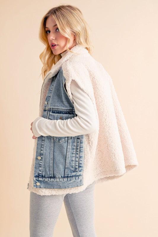 Aemi + Co 2-Piece Faux Denim Patch Sherpa Vest Coat