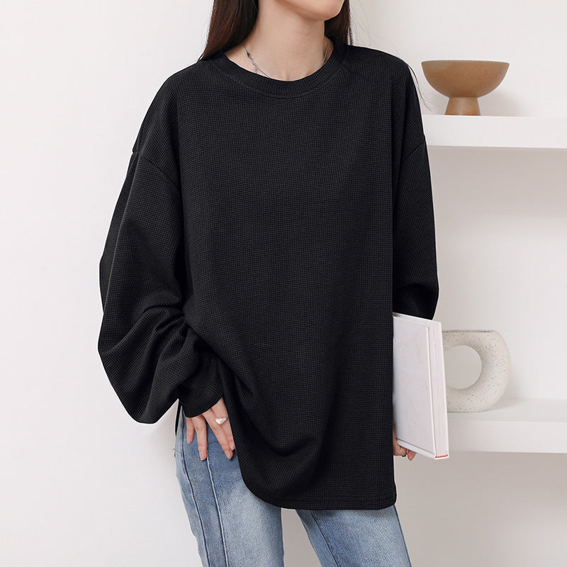 Autumn Waffle Women's T-shirt Round Neck Solid Color