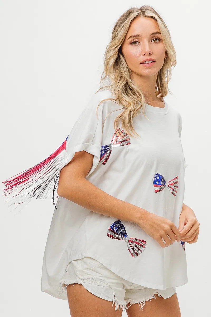 American Flag Sequin Ribbon T-Shirt