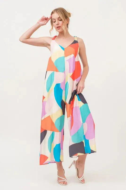 And The Why Tied Shoulder Straps Wide-Leg Geo Print Jumpsuit