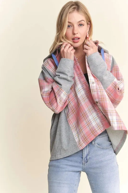 ADORA Button Down Plaid Hoodie Shacket