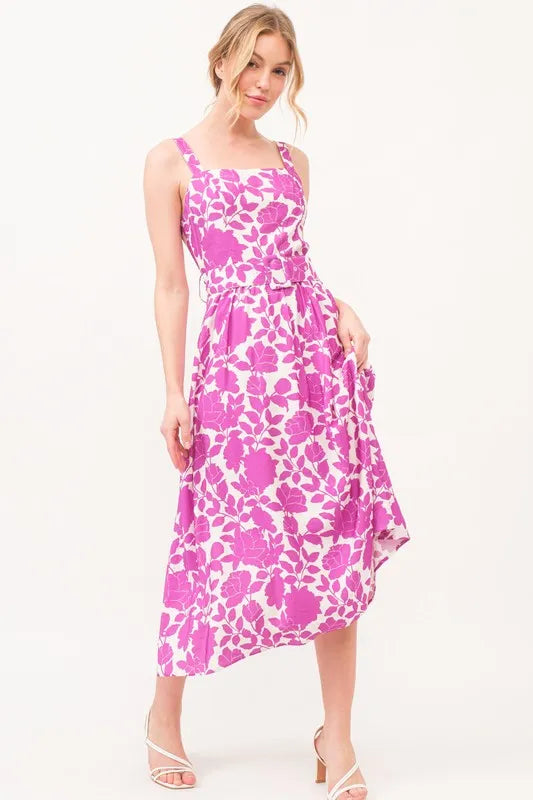 And The Why Square Neck Belted Floral Printed Midi Dress