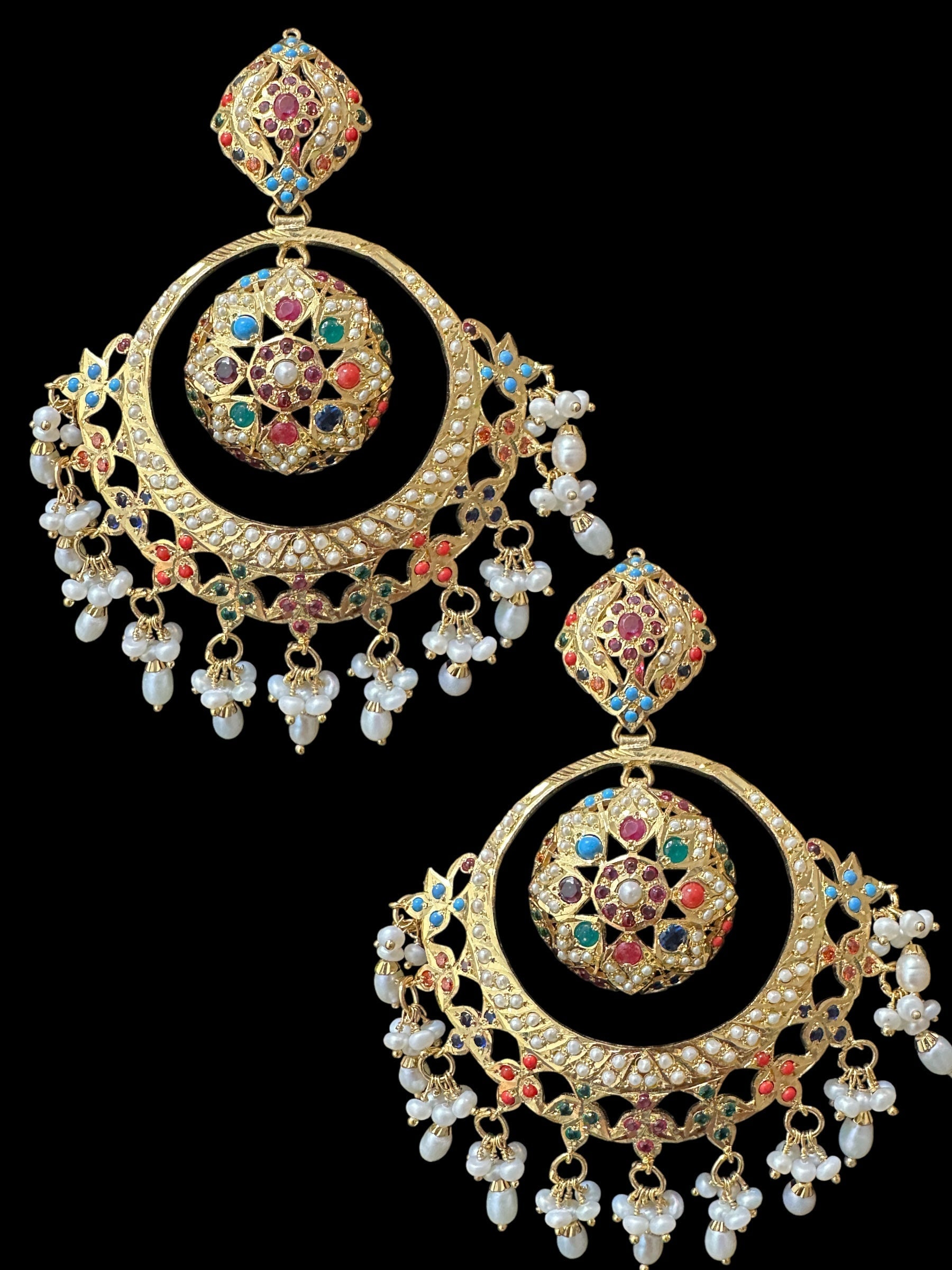 92.5 Silver Gold-Plated Earrings in Navratan with Freshwater Pearls â€?Handcrafted Jadau chandbali (READY TO SHIP )