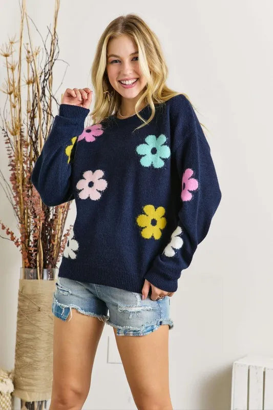 ADORA Full Size Flower Popped Sweater Plus Size in Navy