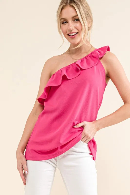 And The Why Ruffle One Shoulder Sleeveless Tank Top in Magenta