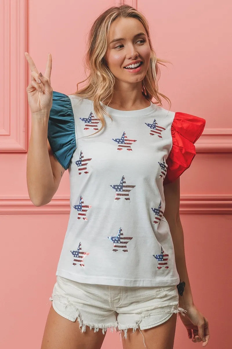 American Flag Sequin Stars Top
