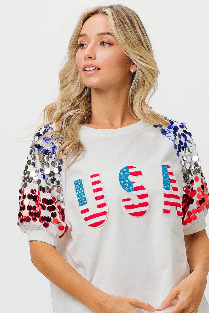 American Flag Theme Sequin Top
