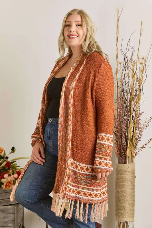 ADORA Full Size Fringe Hem Aztec Border Cardigan Plus Size
