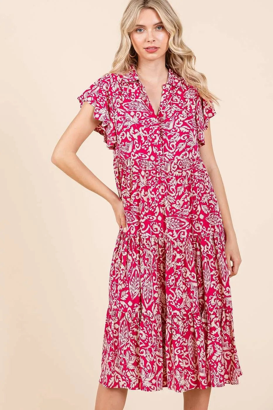Abstract Print Ruffle Tier Midi Dress