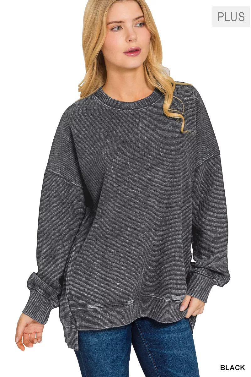 Acid Washed Double Ribbed Hi-low Sweatshirt Plus Size