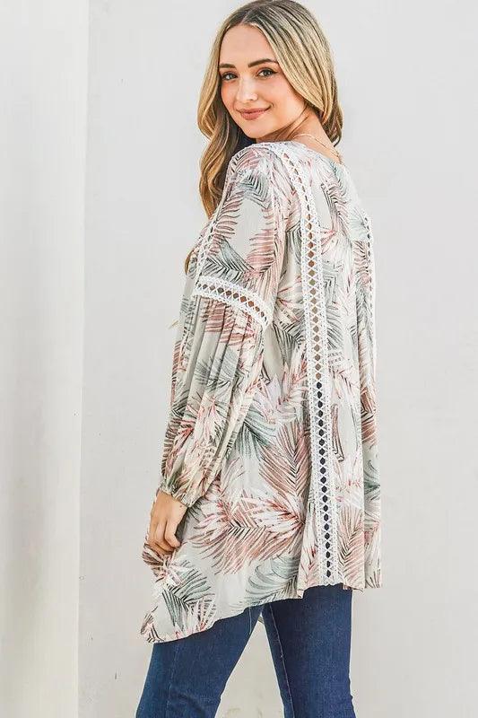 And The Why Printed with Lace Trim Casual Tunic Top