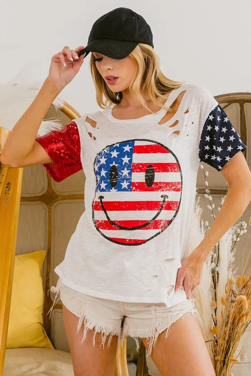 BiBi Fourth Of July Top With Laser Cut And Smile Face
