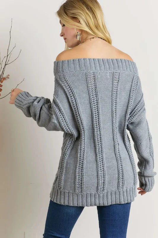ADORA  Cable Knit Off Shoulder Sweater in Grey
