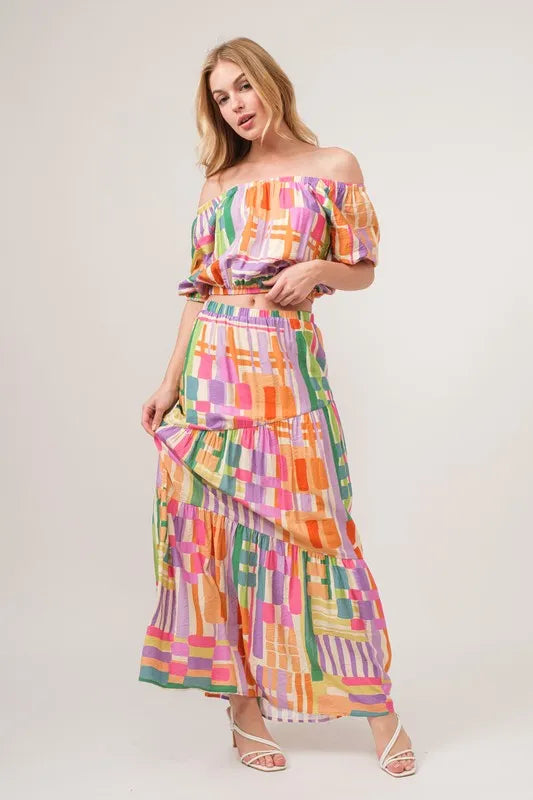 And The Why Asymmetric Geo Printed Tiered Maxi Skirt
