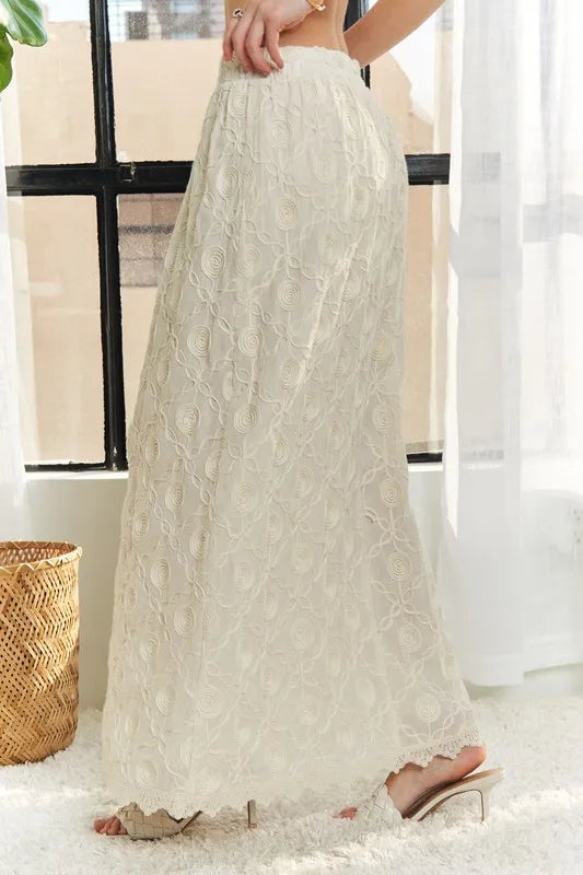 ADORA Elastic Waist Applique Maxi Skirt in Beige