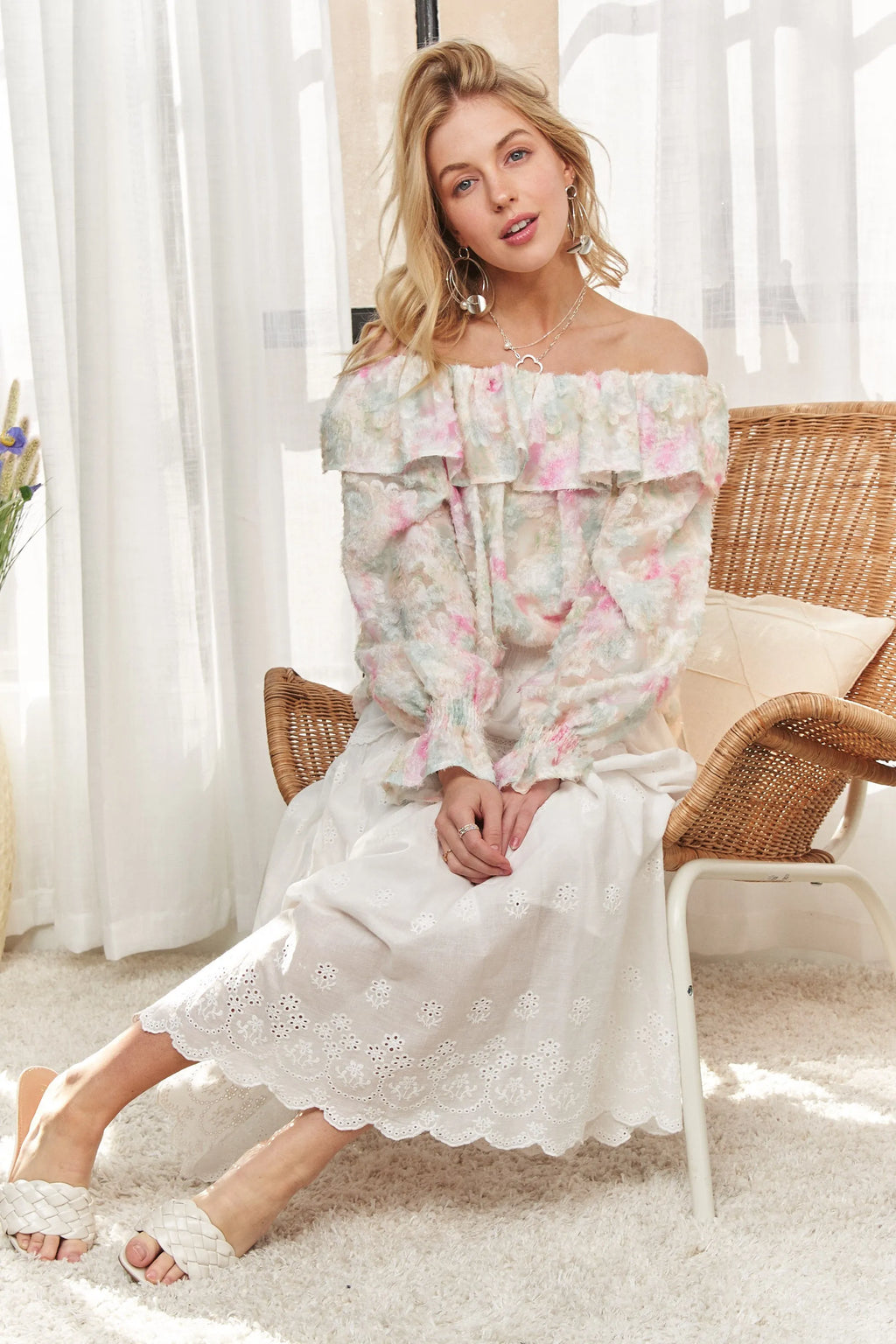 ADORA Ruffled Off Shoulder Floral Blouse in Pink