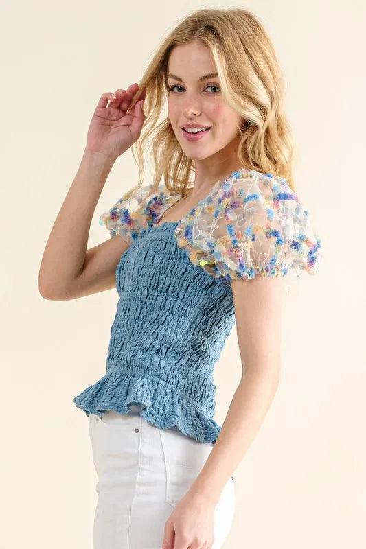 And The Why Embellishment Sleeve Smocked Top