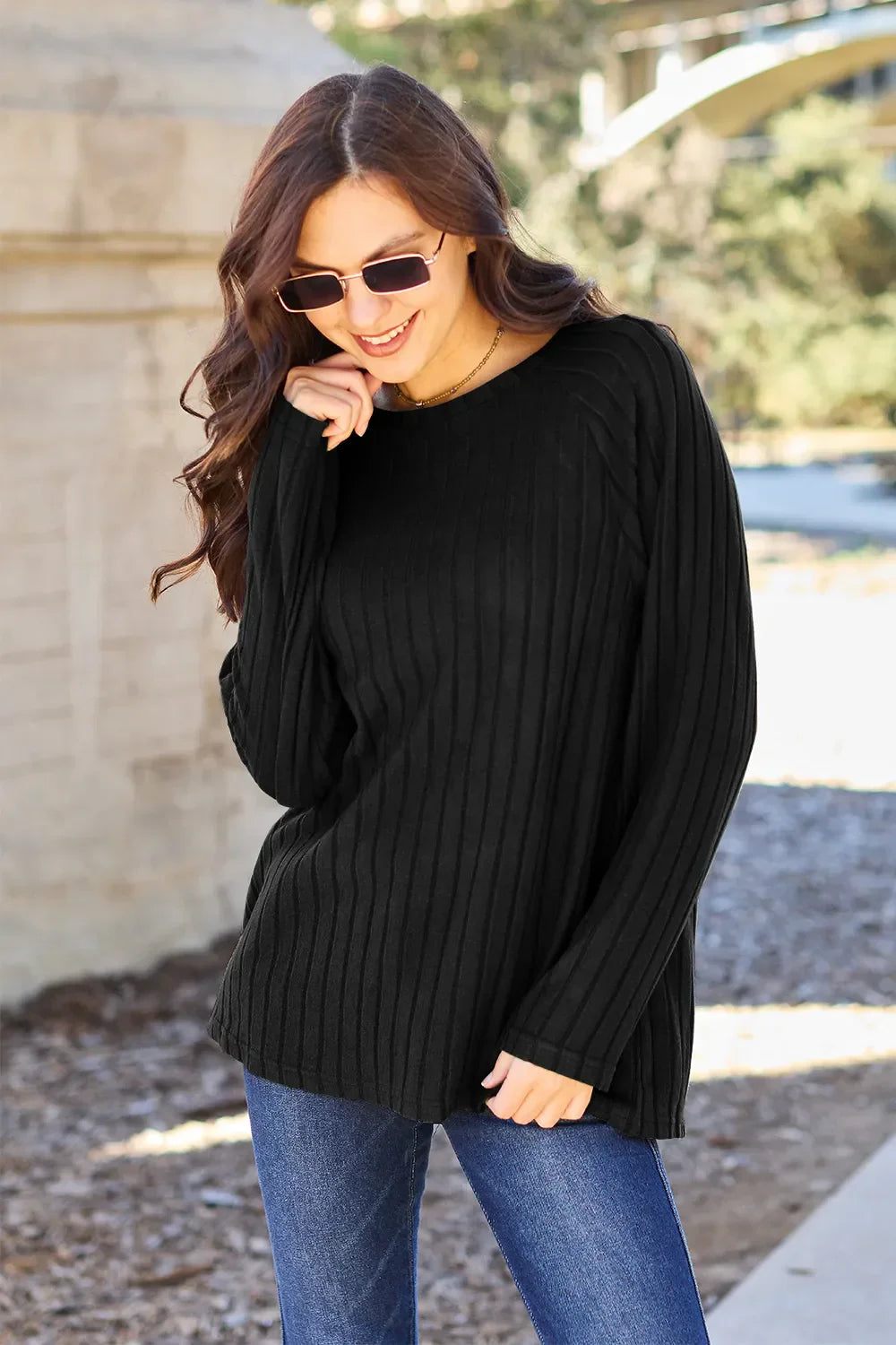 Basic Bae Ribbed Round Neck Long Sleeve Knit Top