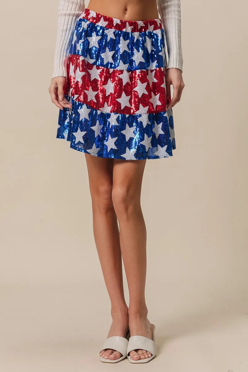 American Flag Theme Star Sequin Tiered Skirt