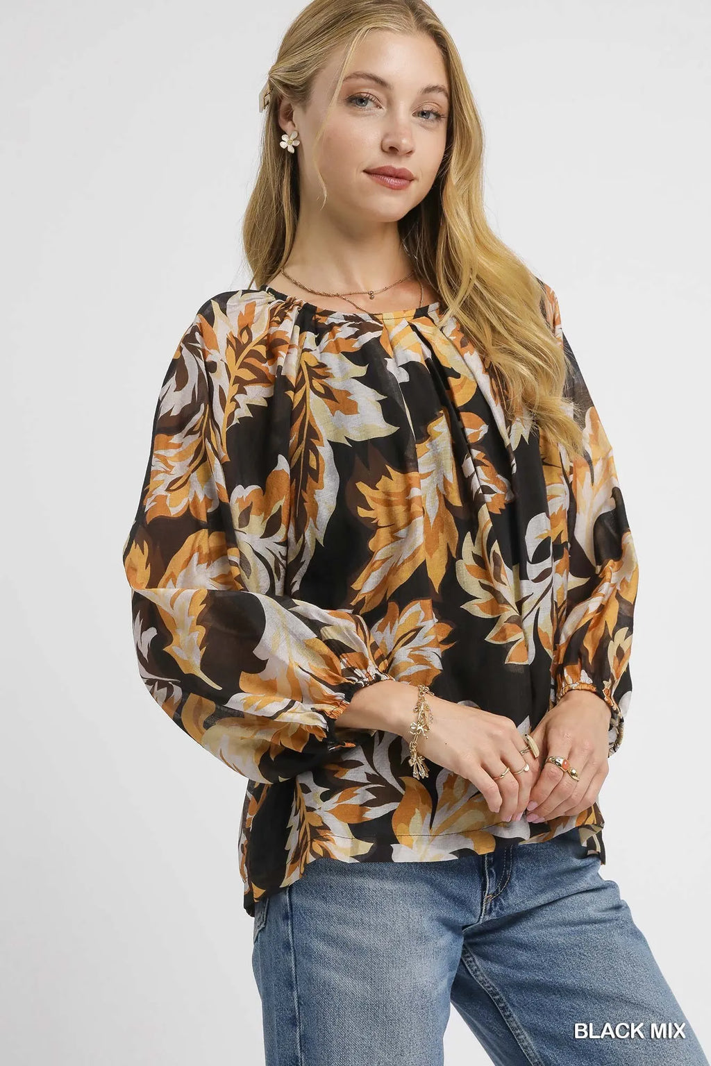 Autumn Leaf Print Balloon Sleeve Blouse