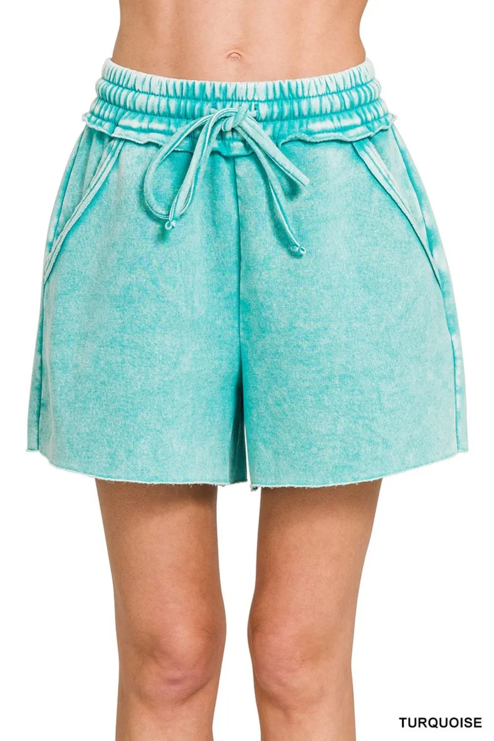 Acid Wash Fleece Drawstring Shorts With Pockets