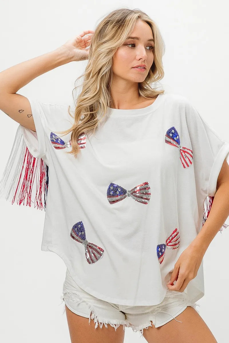 American Flag Sequin Ribbon T-Shirt
