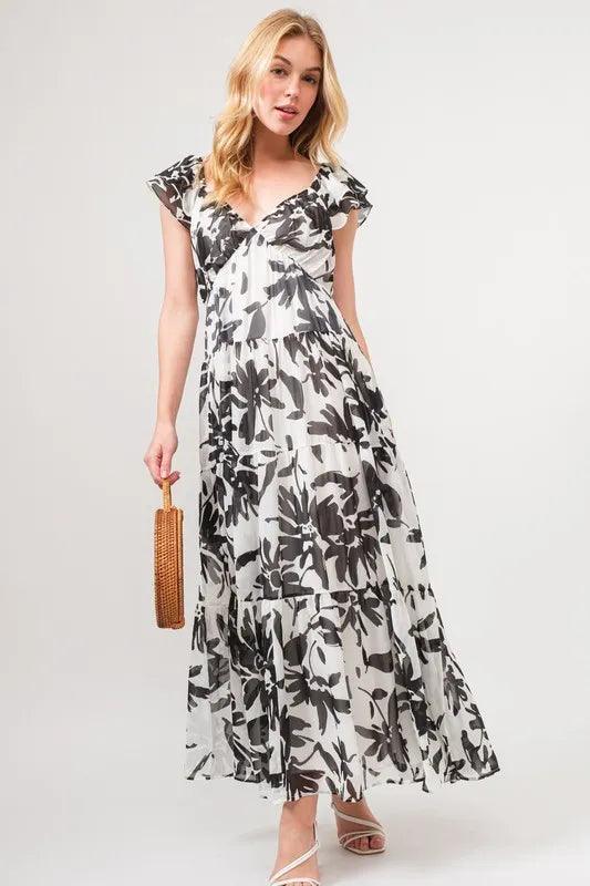 And The Why Ruffled Sleeve Tiered Floral Print Maxi Dress