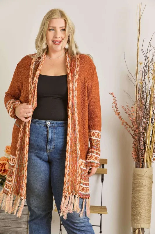 ADORA Full Size Fringe Hem Aztec Border Cardigan Plus Size
