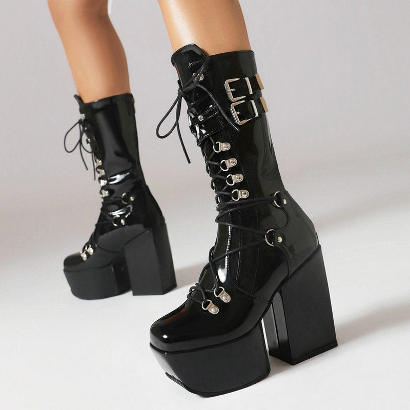 Below The Knee Fashion Women's Boots Autumn And Winter New Punk Belt Buckle Square Head