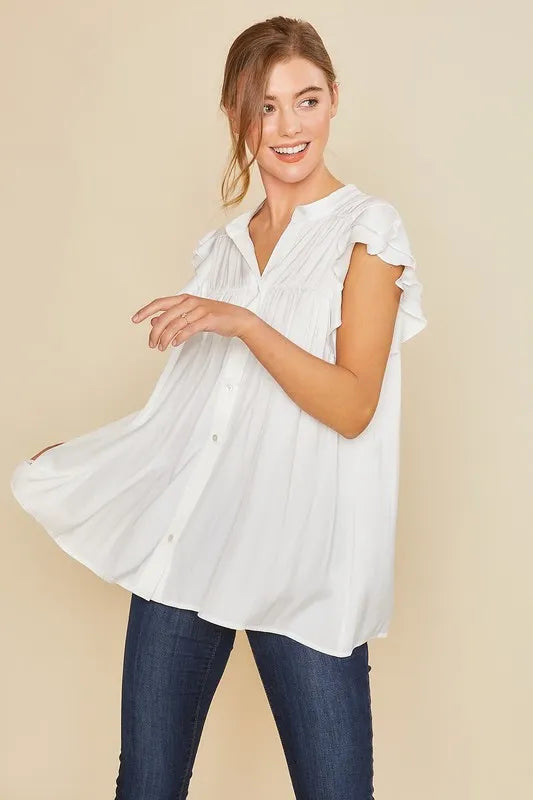 Annie Wear Ruffle Sleeve Shirred Flowy Woven Tunic Shirts