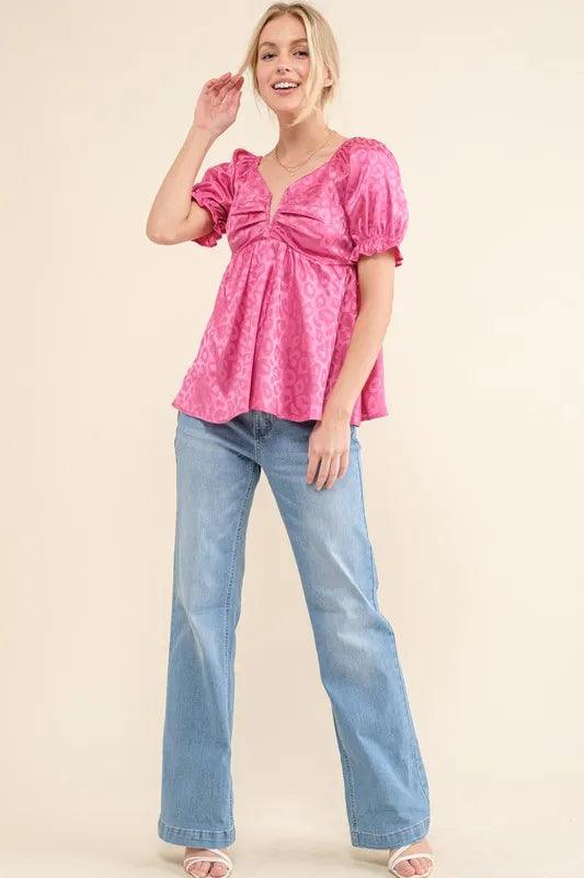 And The Why Satin Leopard V Wired Puff Sleeves Blouse