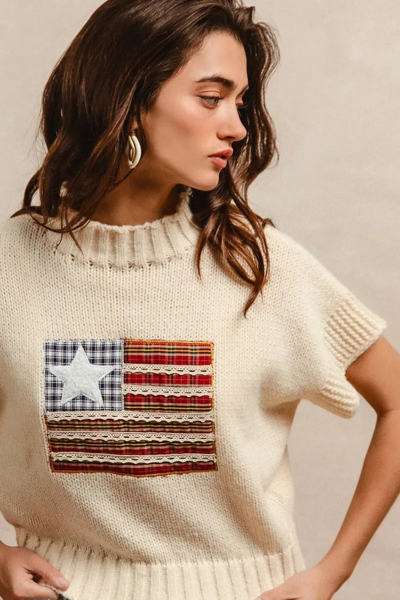 American Flag Patchwork Drop Shoulder Sweater