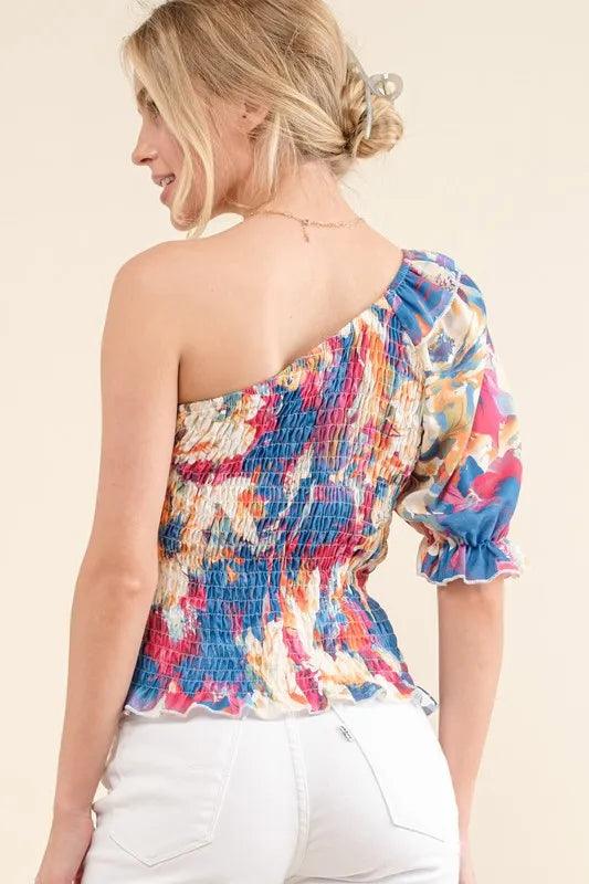 And The Why Allover Floral Print Smocked One Shoulder Blouse