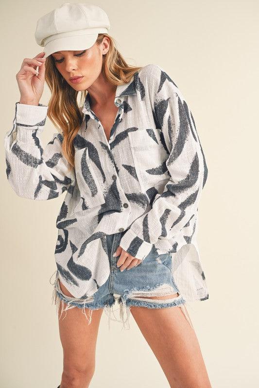 Aemi + Co High-Low Printed Button Up Long Sleeve Shirt