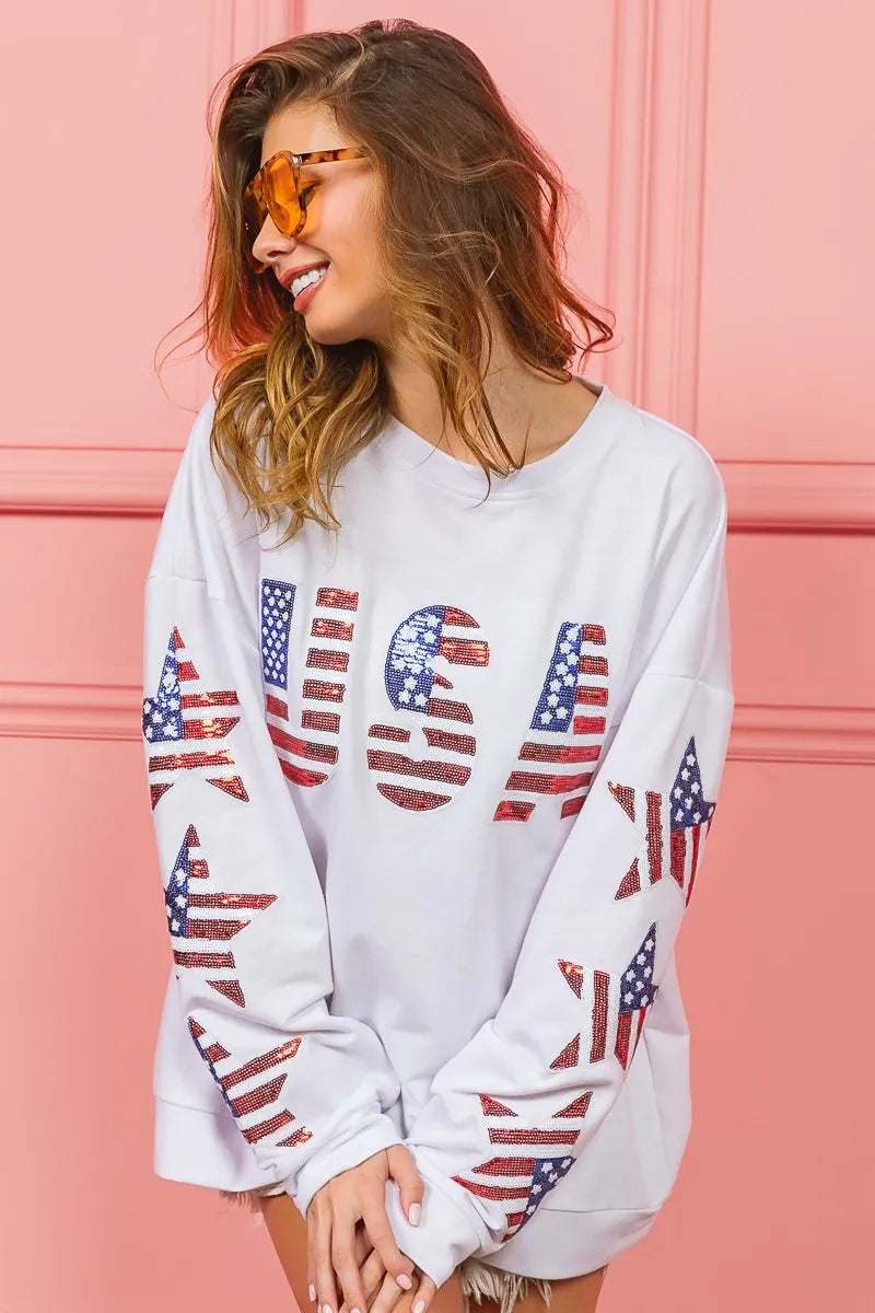 American Flag USA and Star Sequin Sweatshirt