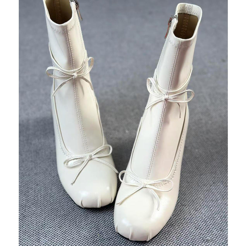 Ballet Style White High-heeled Round Head Thin Booties