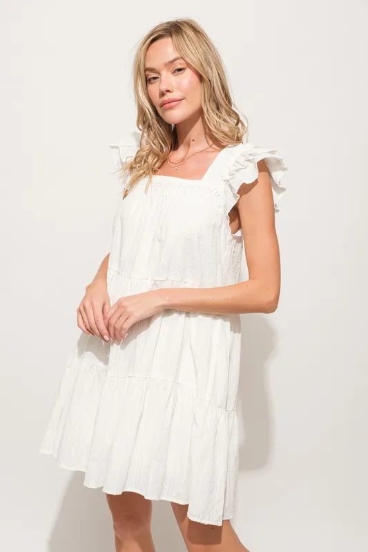 And The Why Origami Pleating Ruffled Sleeve Tiered Dress