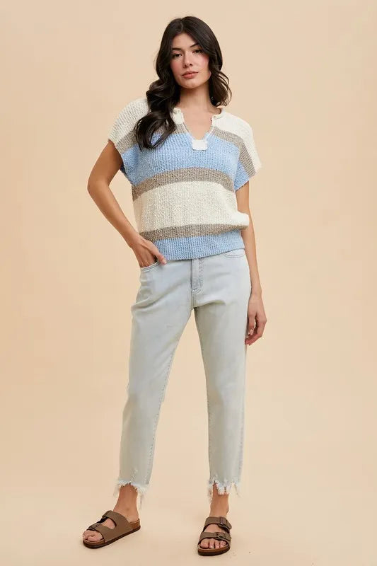 Annie Wear Low Gauge Color Block Textured Sweater Top